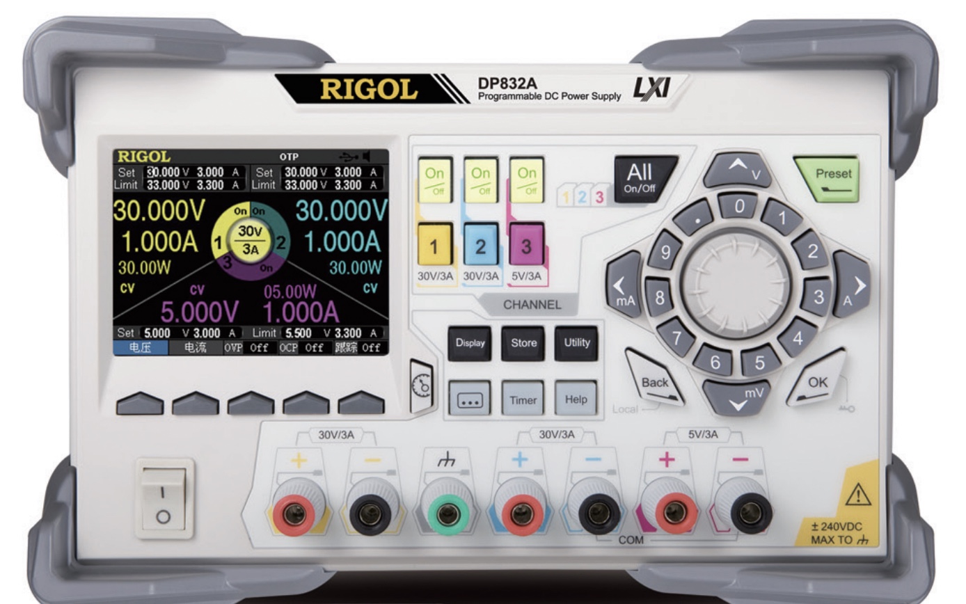 Rigol DP832A – Power Supplies, 2 0-30V/3A channels, 1 5V/3A channel, 1 mV/1 mA