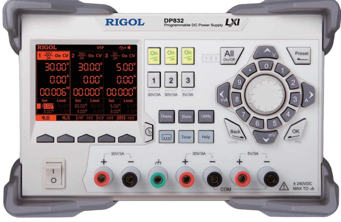 Rigol DP832 – Power Supplies, 2 0-30V/3A channels, 1 5V/3A channel, and 10 mV/10 mA