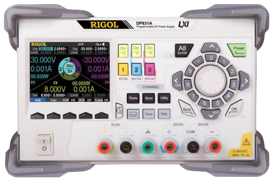 Rigol DP831A – Power Supplies, +30 and -30V @ 2A channels, an 8V/5A channel, 1 mV/1 mA