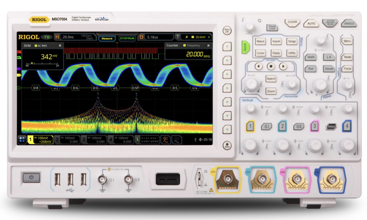 Rigol MSO7054 500 MHz Mixed Signal Oscilloscope, 4 analog channels, 16 digital channels,10 GS/s real-time sample rate